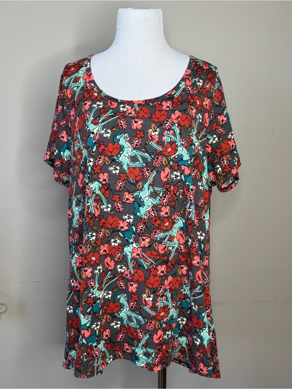 Lularoe Disney Bambi size XL Top Shirt Stretchy Blue Gray Red Short Sleeves